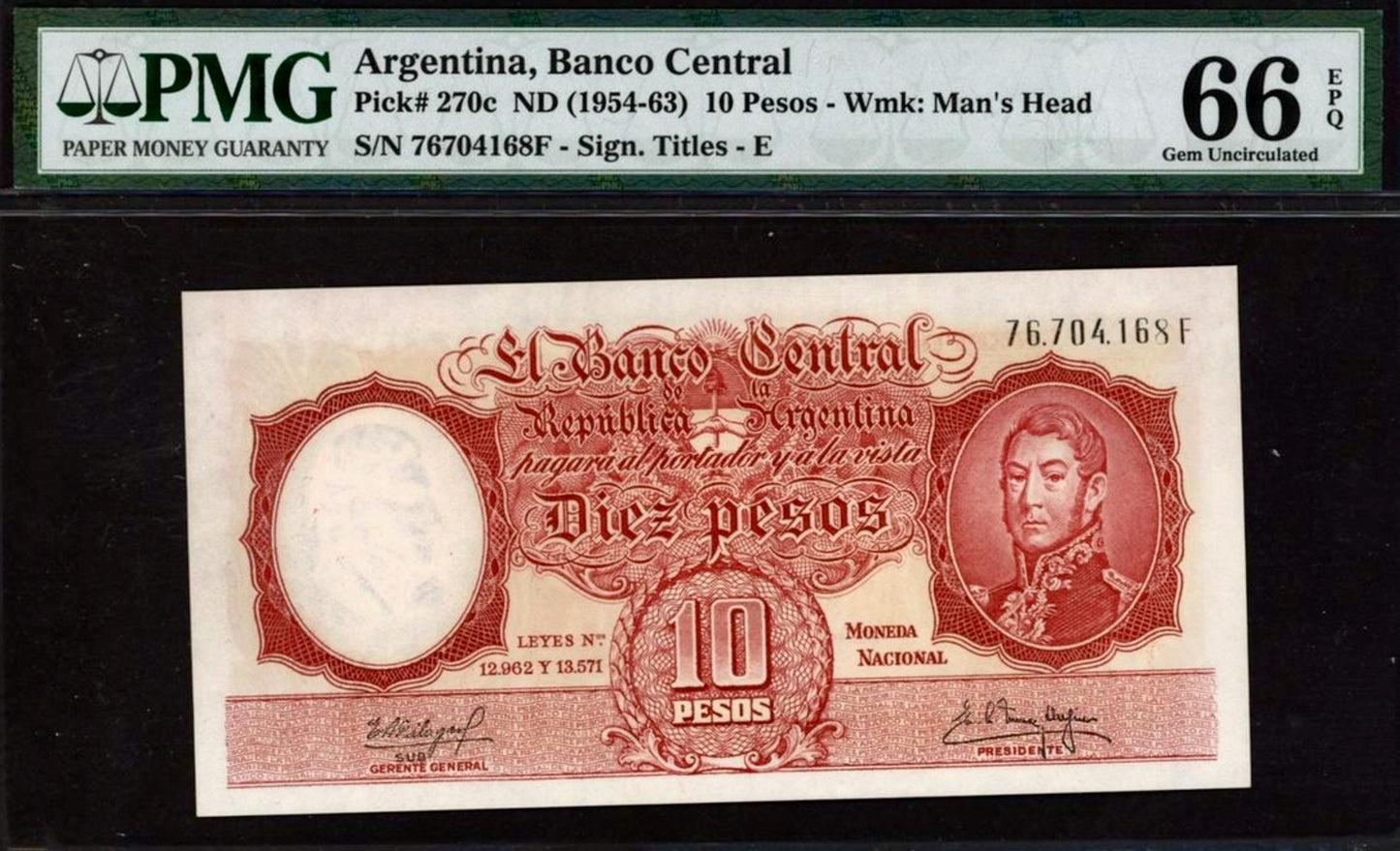 ARGENTINA P.270c 1954-1963 10 Pesos GEM 66 UNC