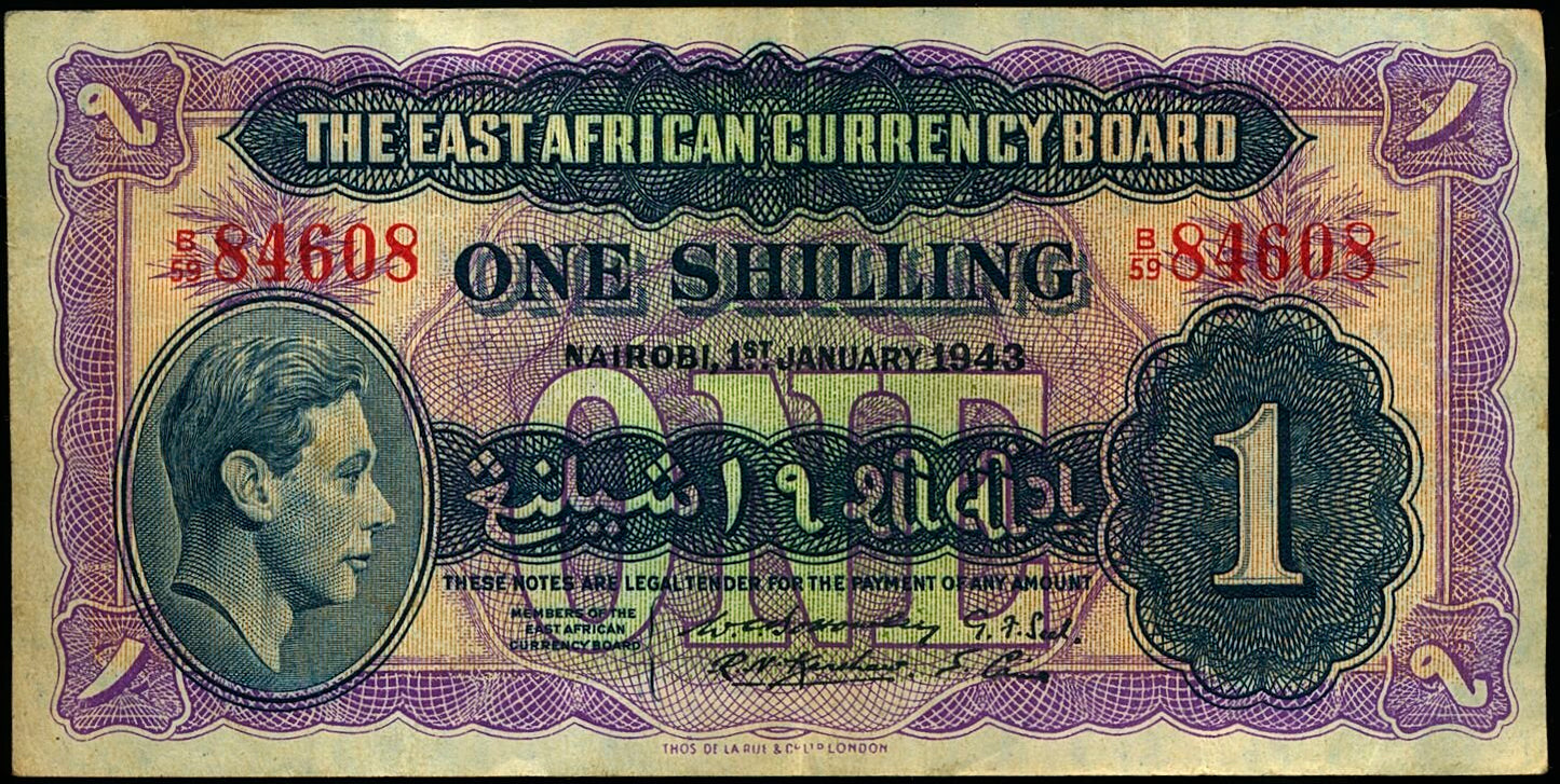 EAST AFRICA P.27 1943 1 Shilling AVF B/59