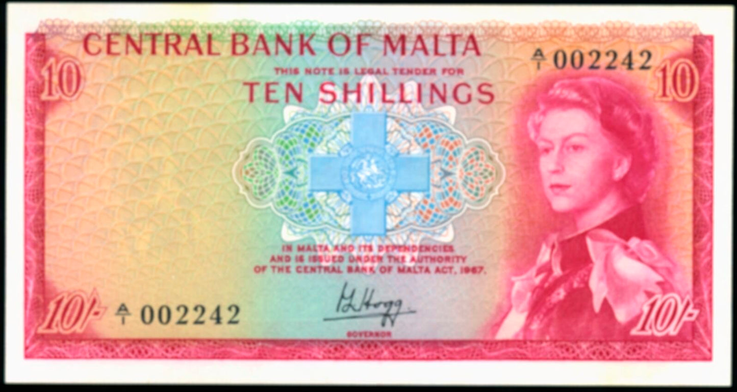 MALTA P.28a 1967 10 Shillings First series A/1 Low serial number CHOICE UNC 64 EPQ