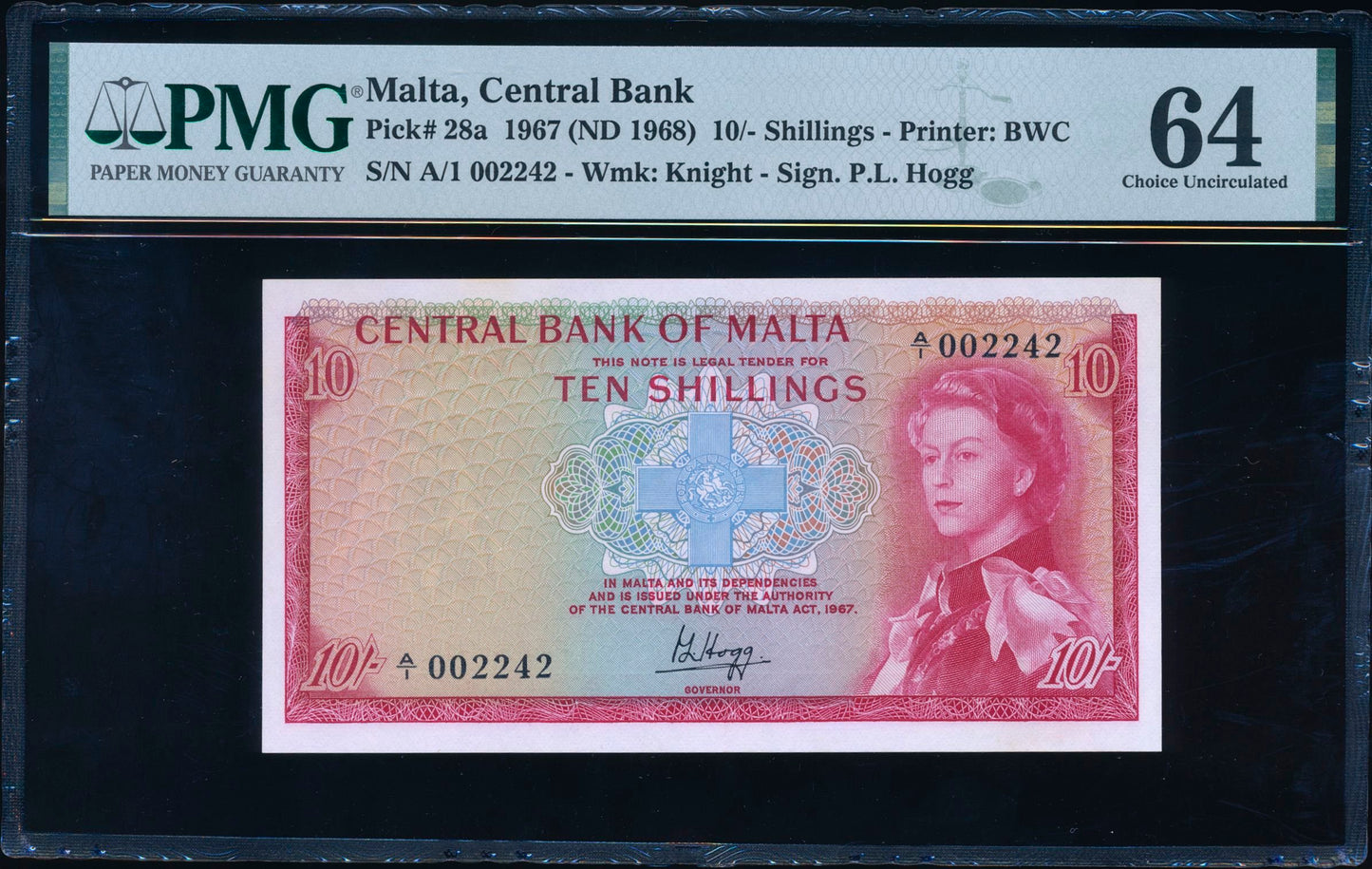 MALTA P.28a 1967 10 Shillings First series A/1 Low serial number CHOICE UNC 64 EPQ