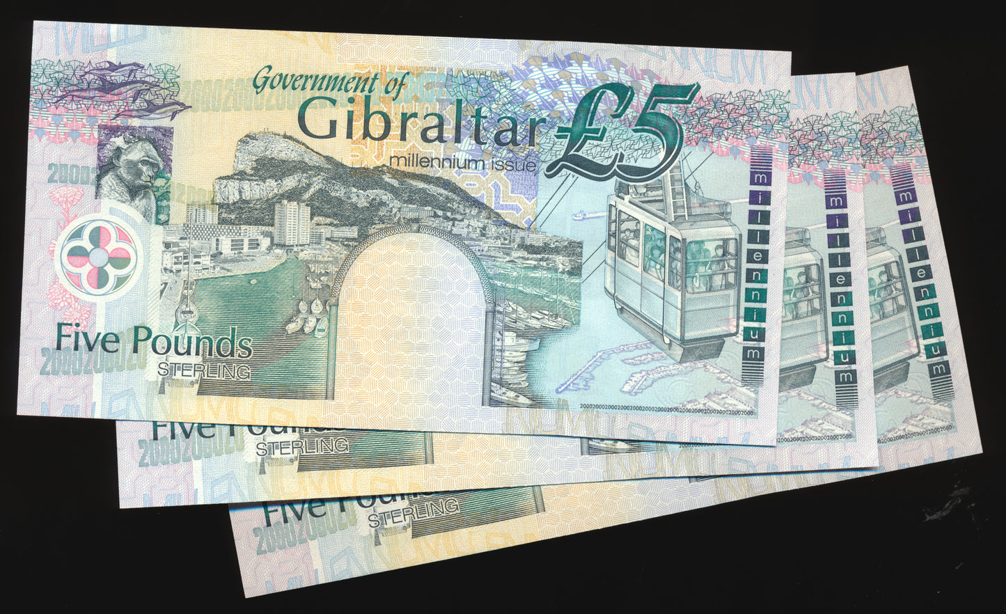 GIBRALTAR P.29 2000 £5 UNC MM 3 consecutive notes