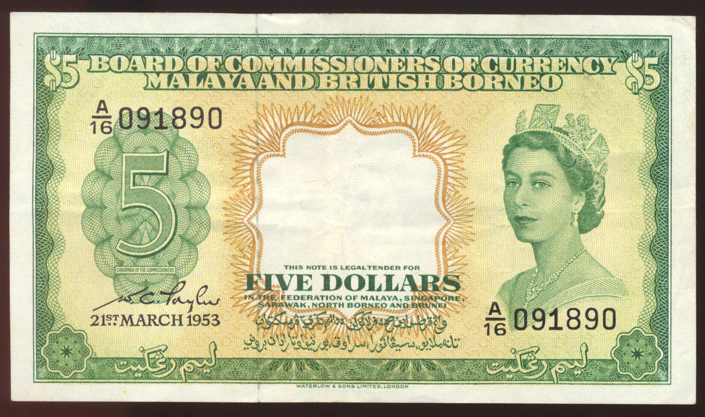MALAYA and BRITISH BORNEO P.2a 1953 $5 GVF