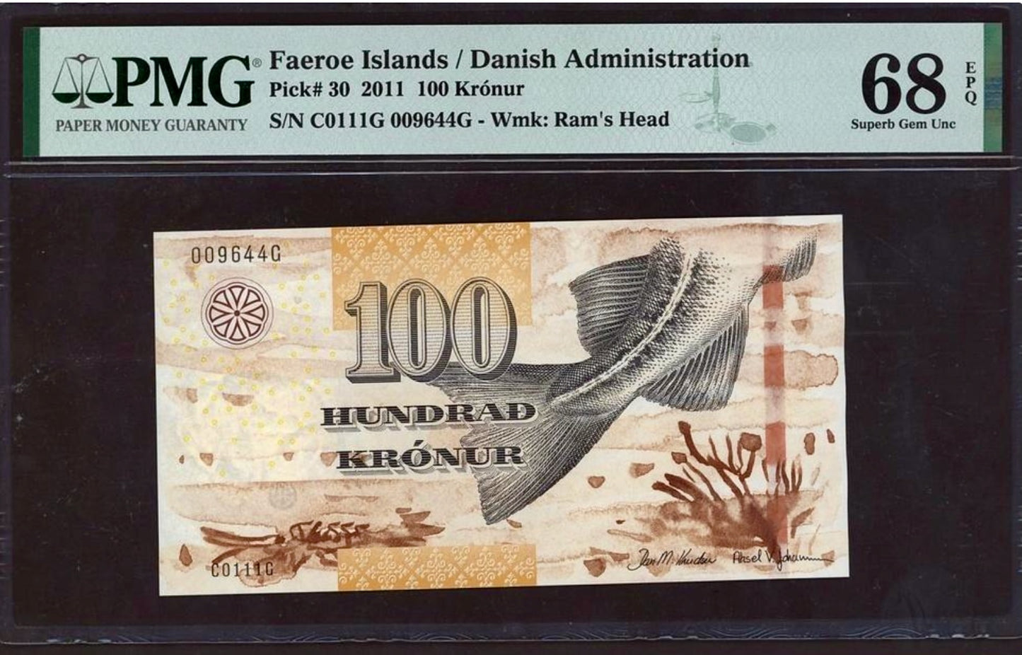 FAEROE ISLANDS P.30 2011 100 Kronur SUPERB GEM 68 UNC