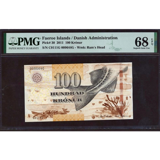 FAEROE ISLANDS P.30 2011 100 Kronur SUPERB GEM 68 UNC