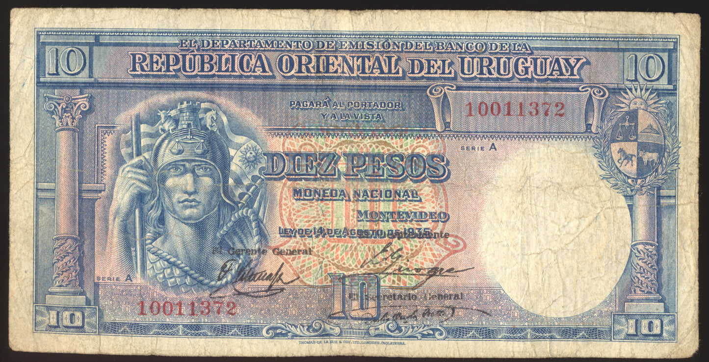 URUGUAY P.30a 1935 10 Pesos F