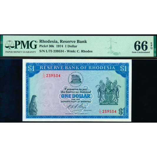 RHODESIA P.30k 1974 1 dollar GEM UNC 66EPQ