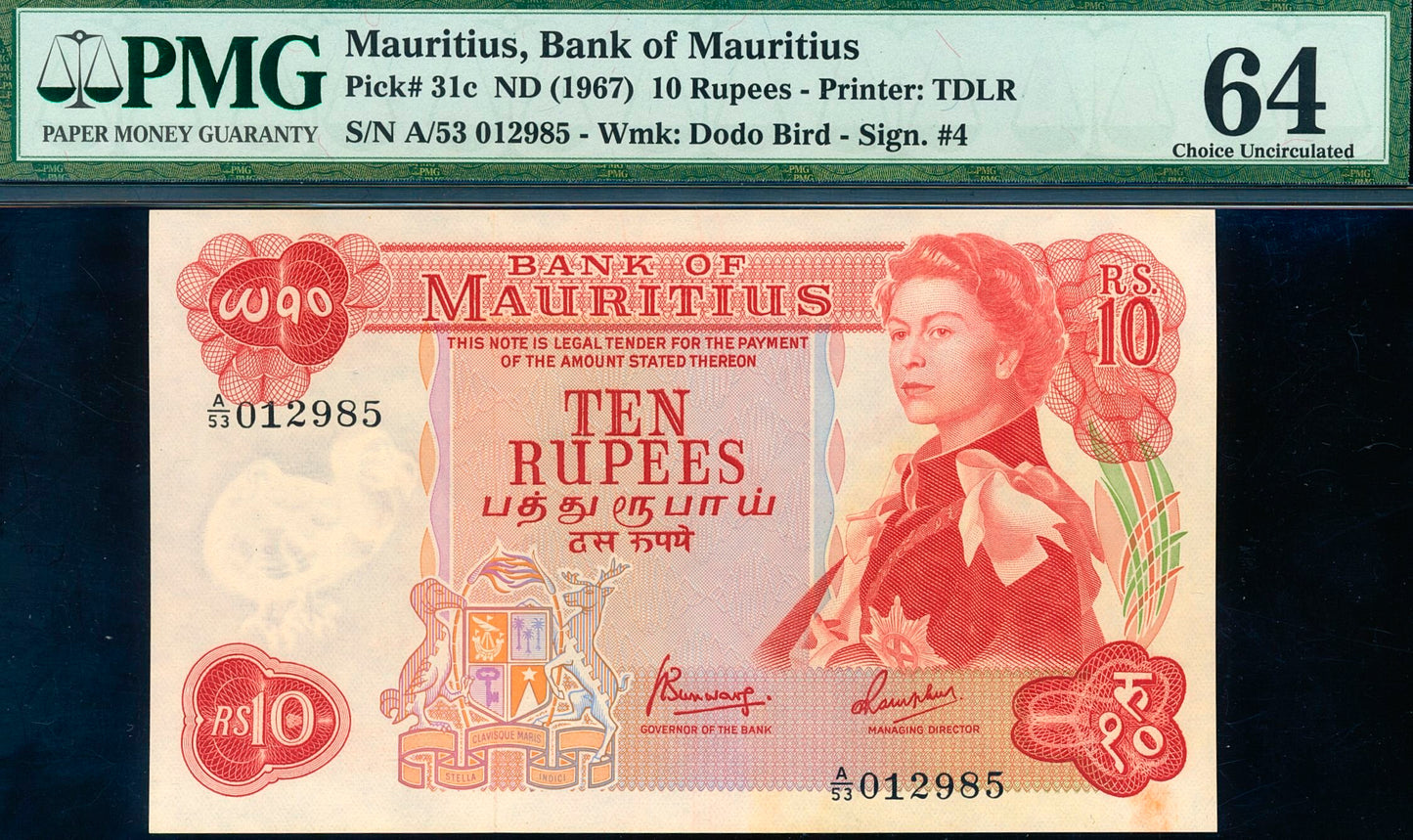 MAURITIUS P.31c 1967 10 Rupees Choice UNC 64EPQ A/53