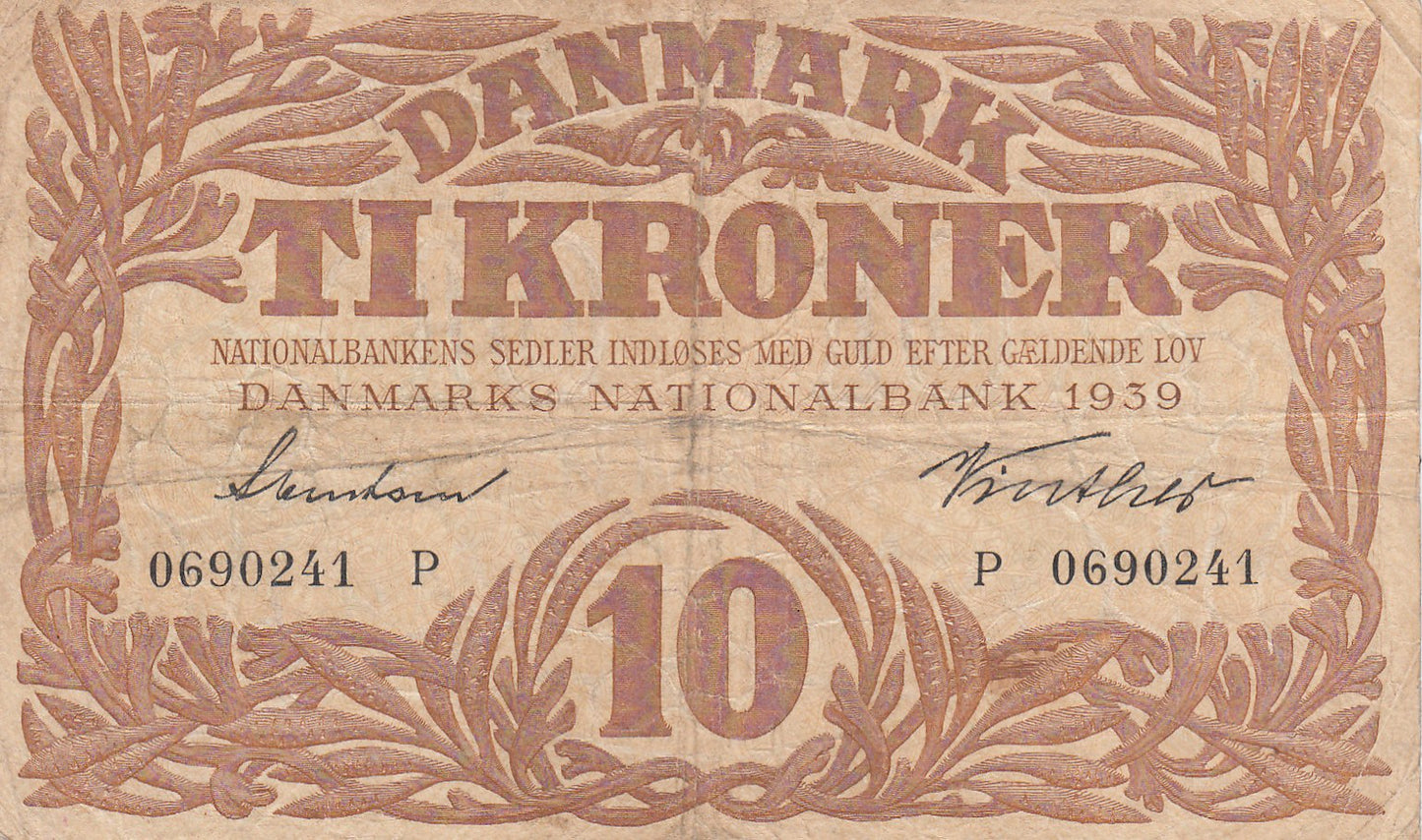 DENMARK P.31g 1939 10 Kroner VF