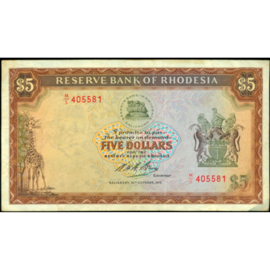 RHODESIA P.32a 1972 5 dollar AUNC
