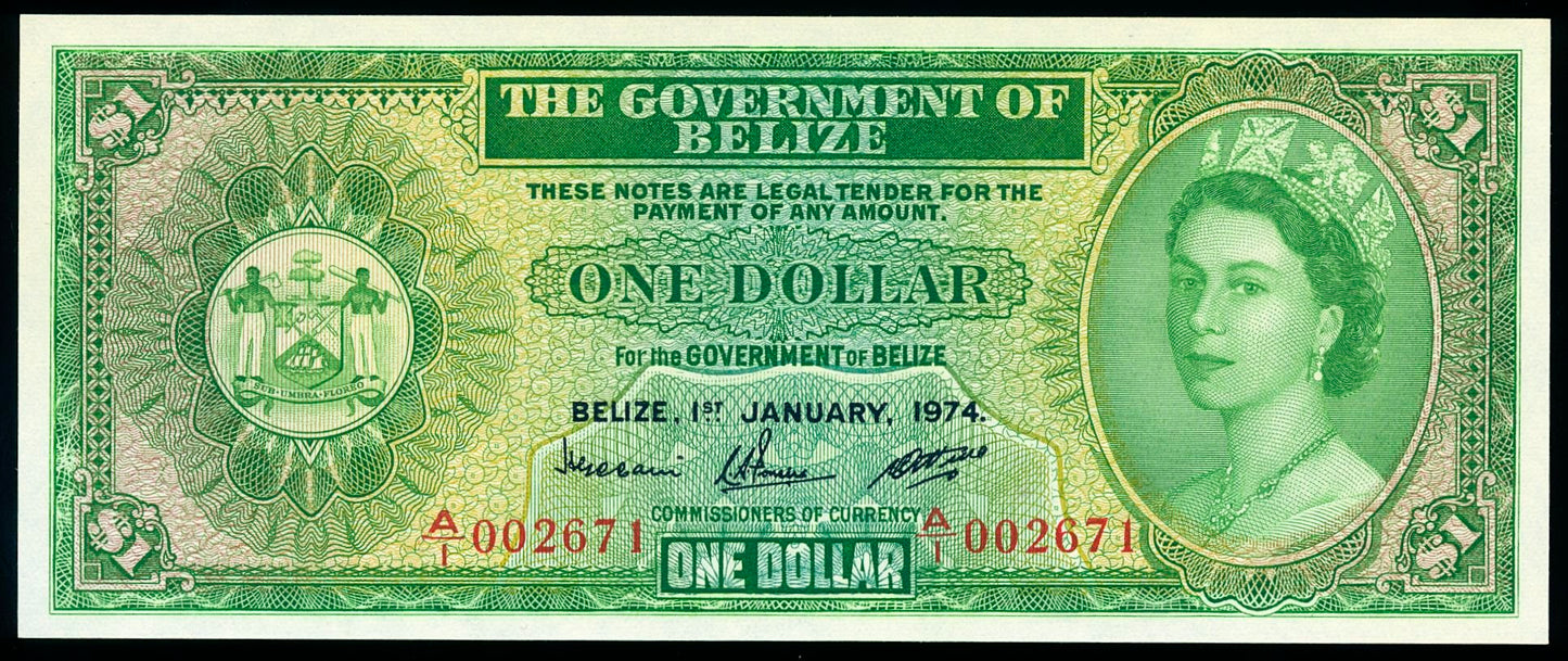 BELIZE P.33a 1974 $1 First series low serial number A/1 GEM UNC 66EPQ