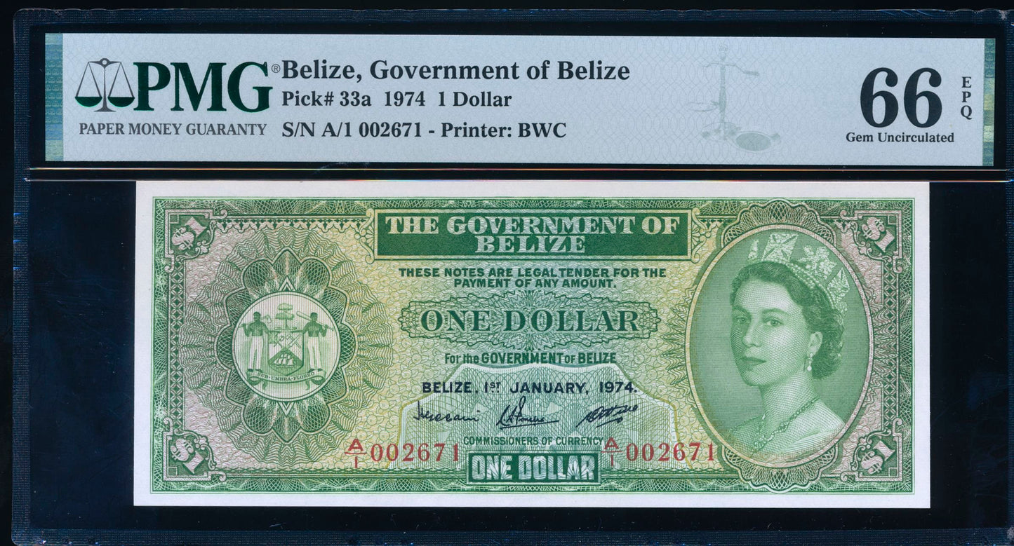 BELIZE P.33a 1974 $1 First series low serial number A/1 GEM UNC 66EPQ