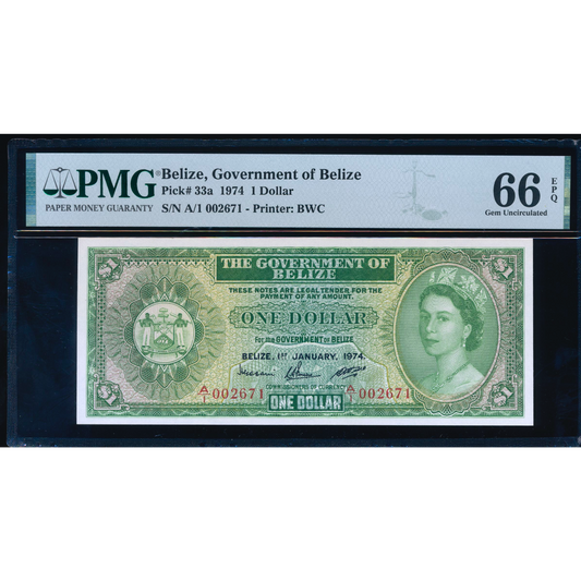 BELIZE P.33a 1974 $1 First series low serial number A/1 GEM UNC 66EPQ