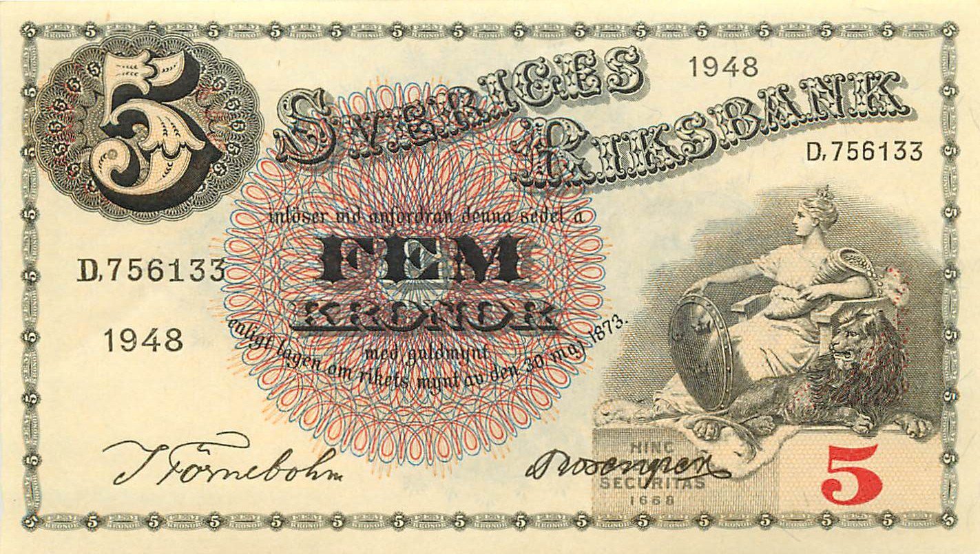 SWEDEN P.33ae 1948 5 Kronor AUNC