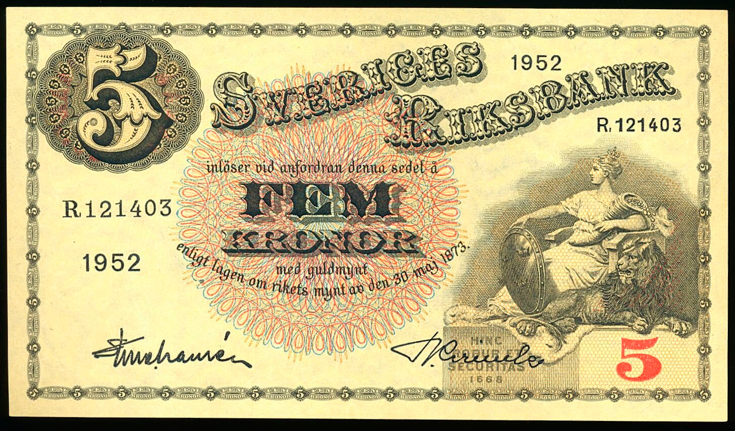 SWEDEN P.33ai 1952 5 Kronor AUNC