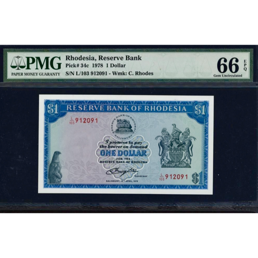 RHODESIA P.34c 1978 1 dollar GEM 66 UNC