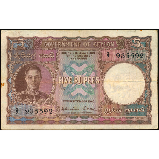 CEYLON P.36Aa 1943 5 Rupees AVF