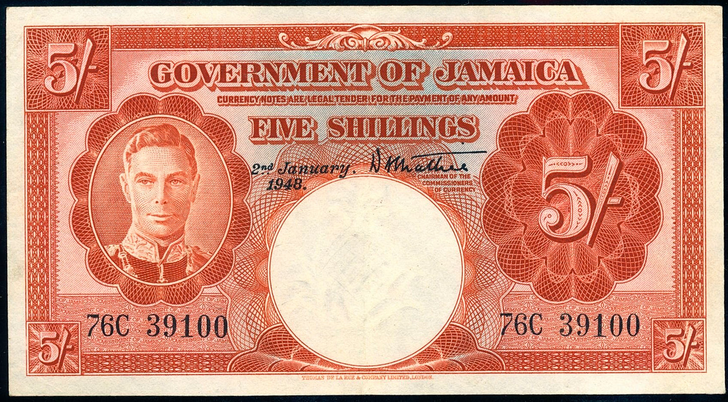 JAMAICA P.37a 1948 5 Shillings EF 40