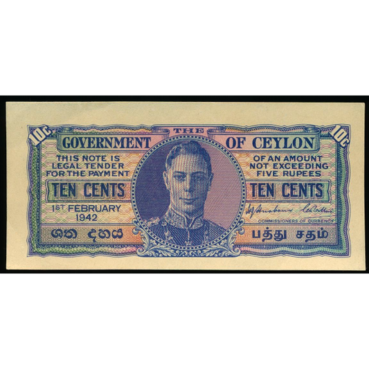 CEYLON P.43a 1942 10 Cents AUNC A/23