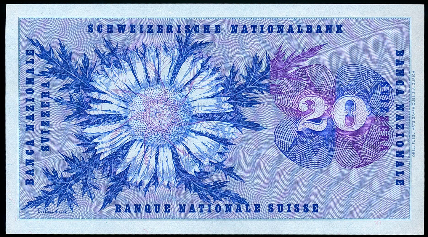 SWITZERLAND P.46s 1969 20 Franken UNC