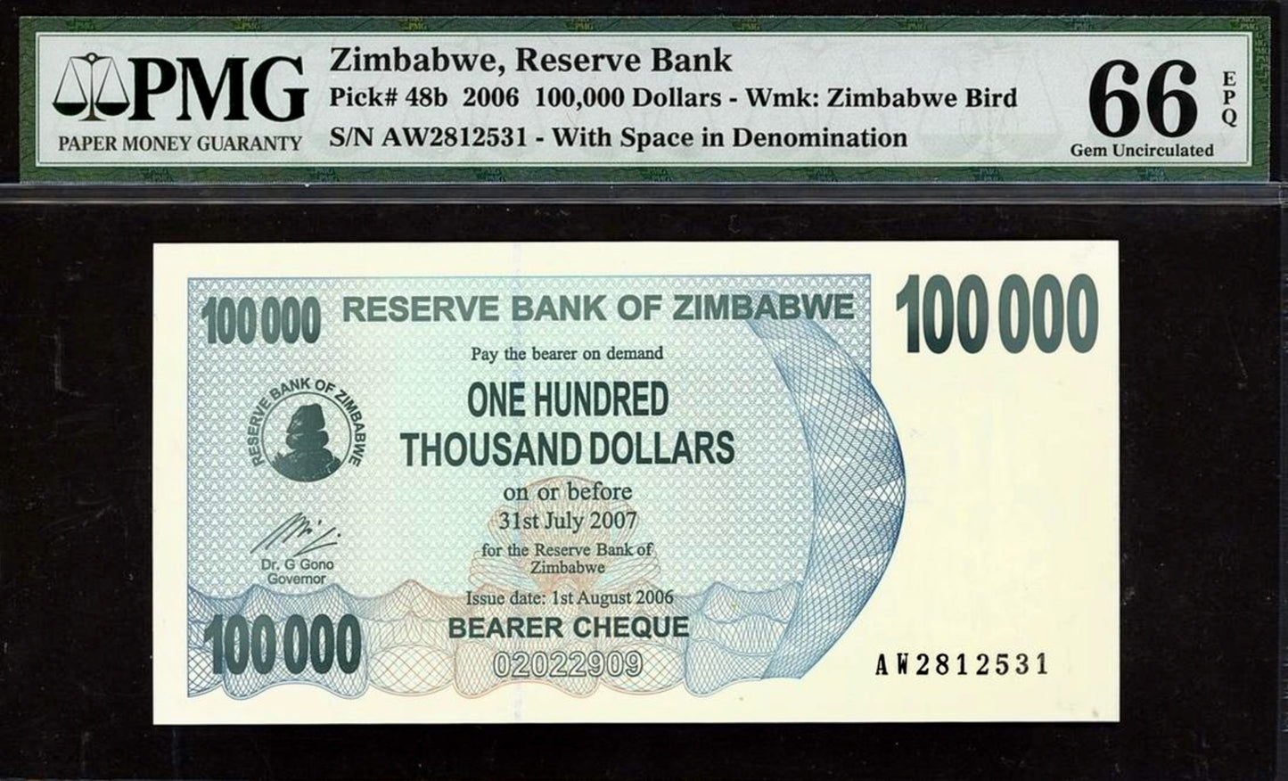 ZIMBABWE P.48b 2006 100,000 Dollars GEM 66 UNC