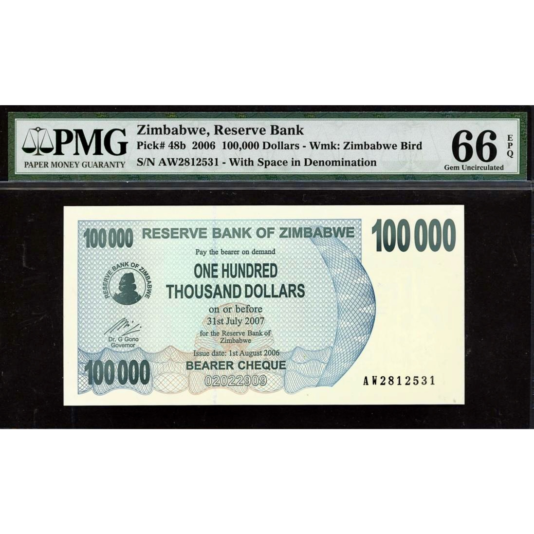 ZIMBABWE P.48b 2006 100,000 Dollars GEM 66 UNC