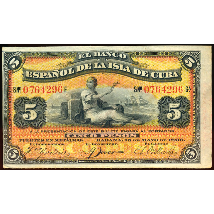 CUBA P.48b 1896 5 pesos UNC