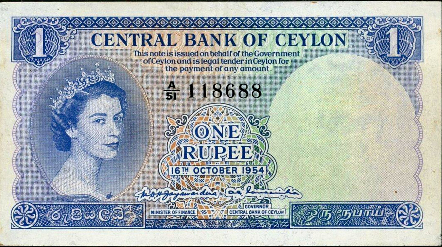 CEYLON P.49b 1954 1 Rupee A/51 Choice EF 45