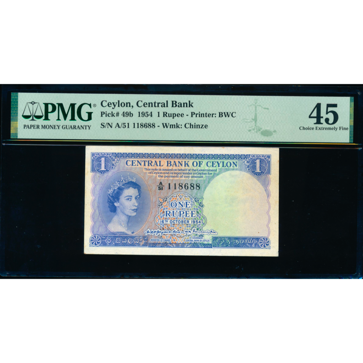 CEYLON P.49b 1954 1 Rupee A/51 Choice EF 45