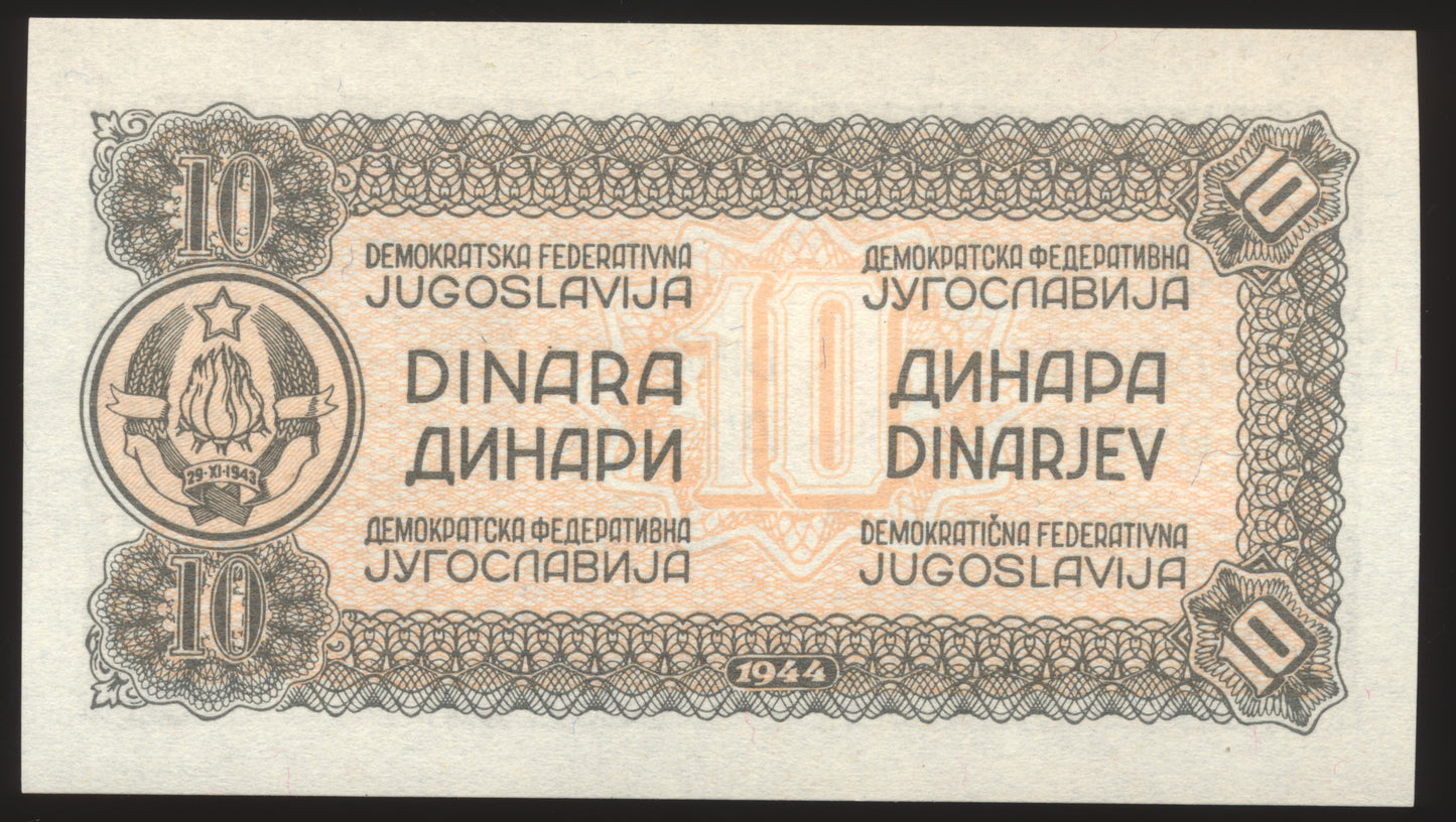 YUGOSLAVIA P.50 1944 10 Dinar UNC