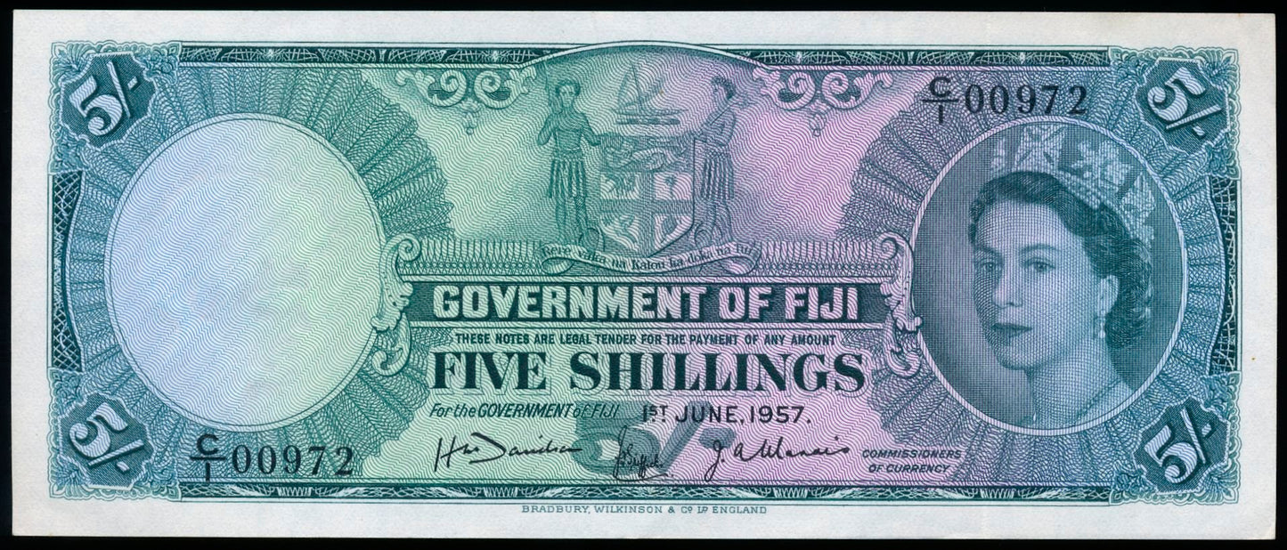 FIJI P.51a 1957 5 Shillings AUNC 55 EPQ