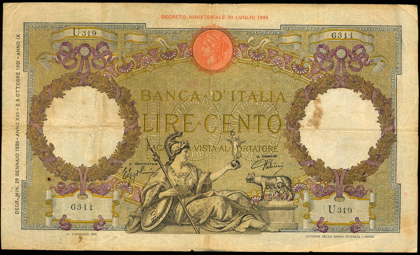 ITALY P.55a 1931 100 Lire AVF