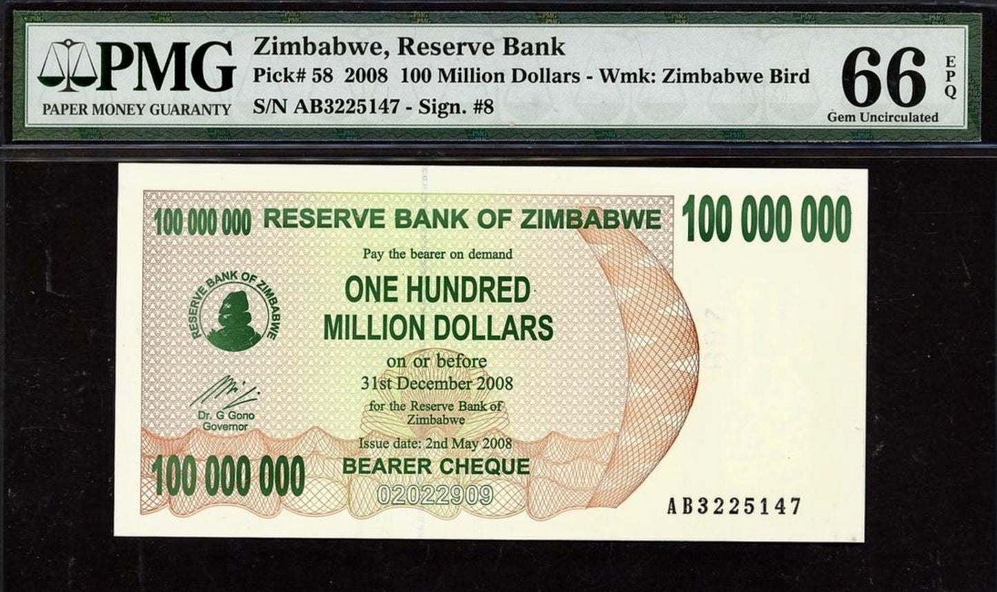 ZIMBABWE P.58 2008 100 Million Dollars GEM 66 UNC