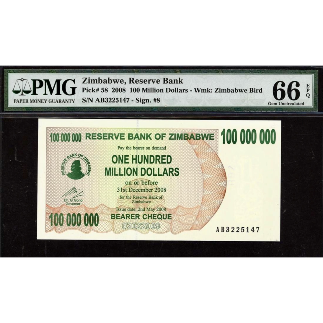 ZIMBABWE P.58 2008 100 Million Dollars GEM 66 UNC