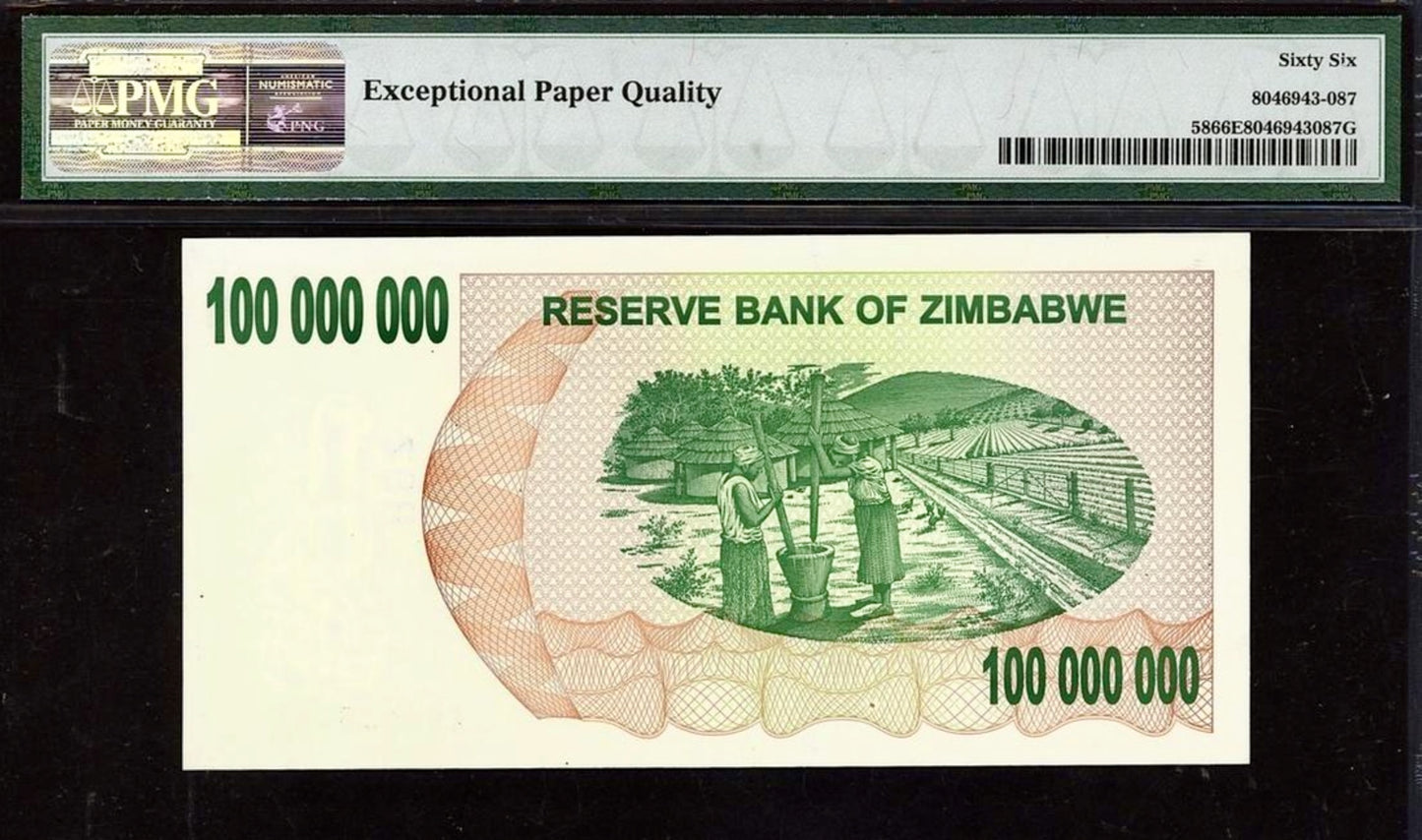 ZIMBABWE P.58 2008 100 Million Dollars GEM 66 UNC