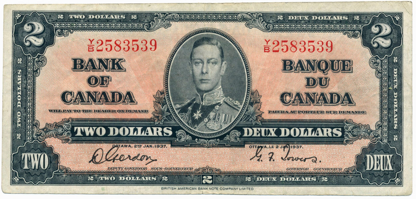 CANADA P.59b 1937 $2 Gordon, Towers VF Y/B