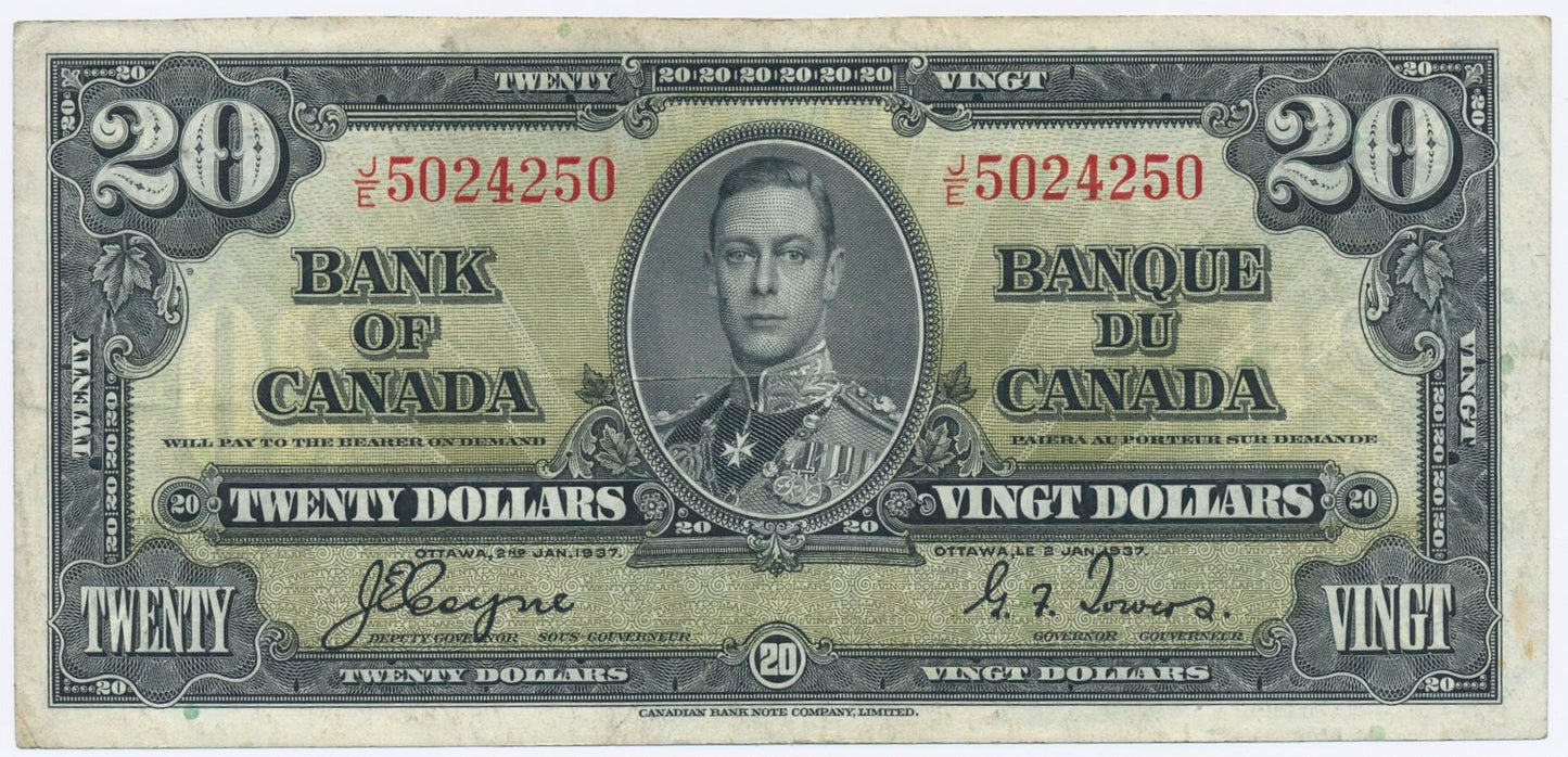 CANADA P.62c 1937 $20 Coyne, Towers VF J/E