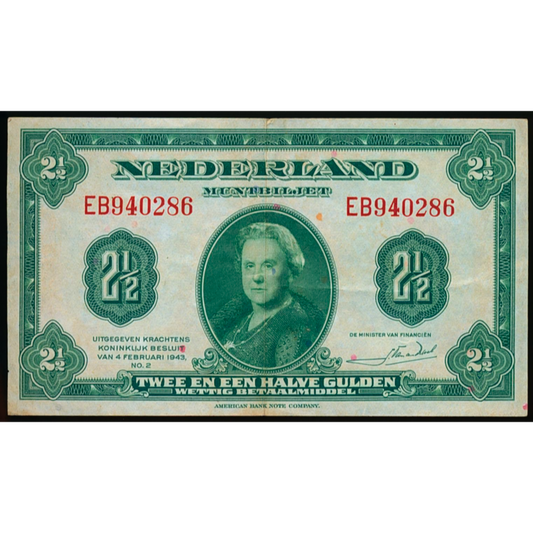 NETHERLANDS P.65 1943 2.5 Guilden EF