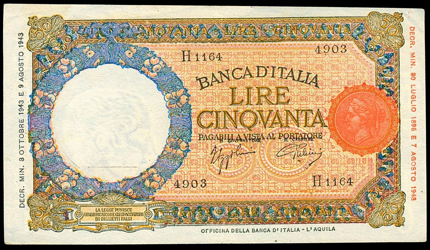 ITALY P.66 1943 50 Lire AUNC 53 EPQ