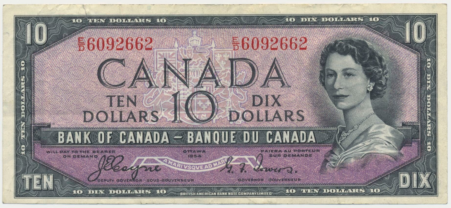 CANADA P.69a 1954 $10 Coyne, Towers VF E/D