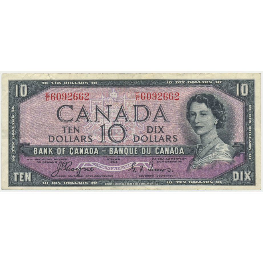 CANADA P.69a 1954 $10 Coyne, Towers VF E/D