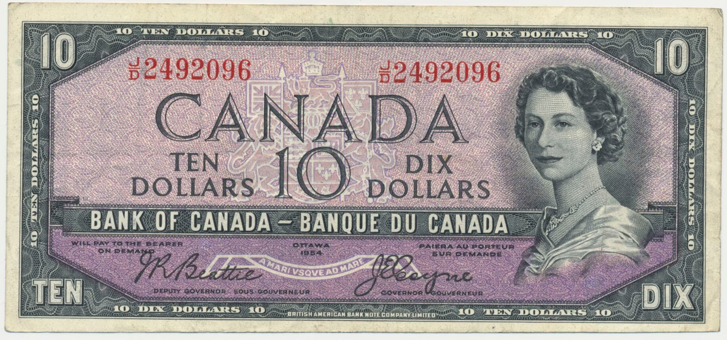 CANADA P.69b 1954 $10 Beattie, Coyne GVF J/D