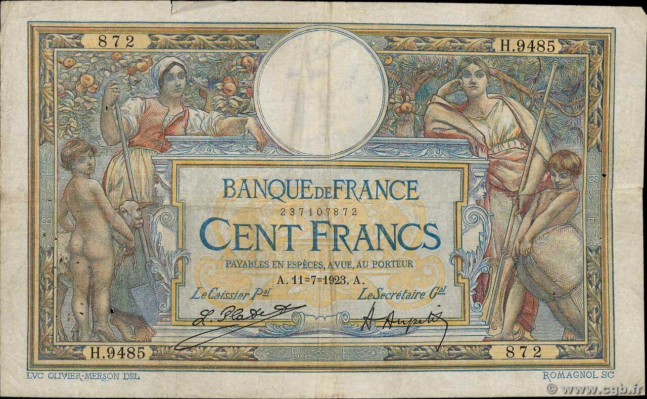 FRANCE P.71c 1923 100Fr Platet Aupetit F