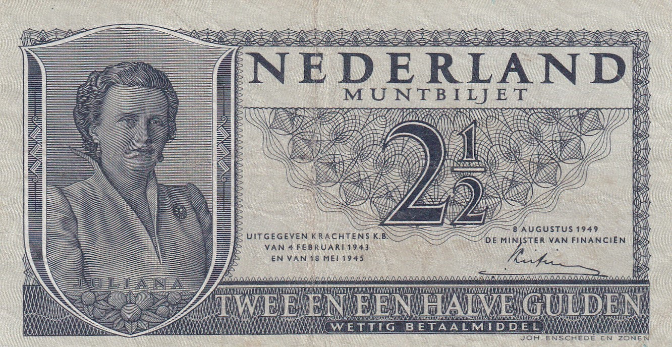 NETHERLANDS P.73 1949 2 1/2 Guilden VF