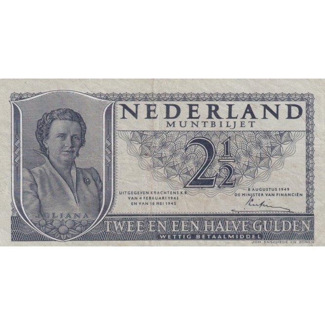 NETHERLANDS P.73 1949 2 1/2 Guilden VF