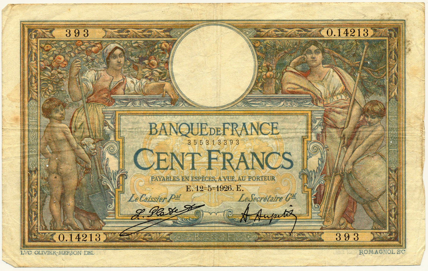 FRANCE P.78a France 1926 100Fr Platet, Aupetit NVF