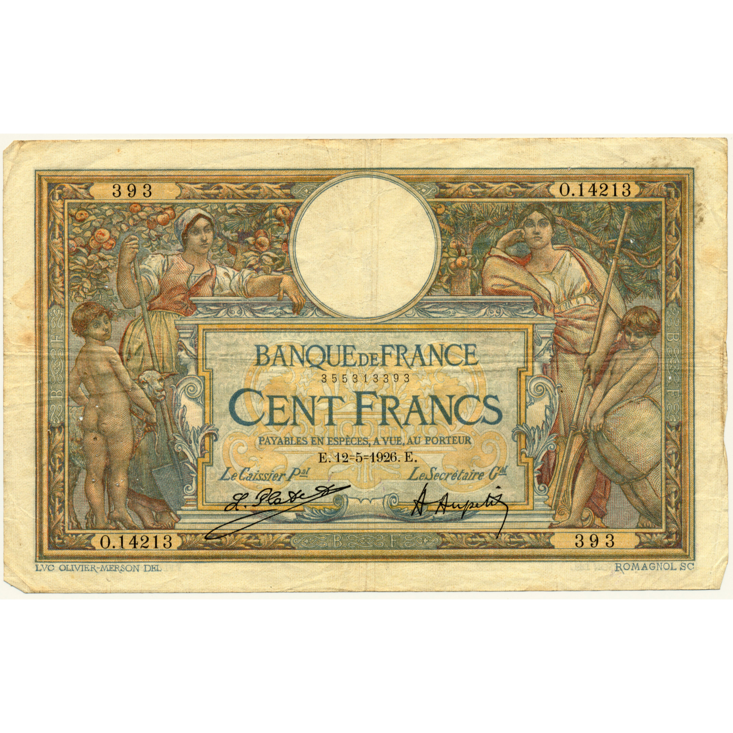 FRANCE P.78a France 1926 100Fr Platet, Aupetit NVF