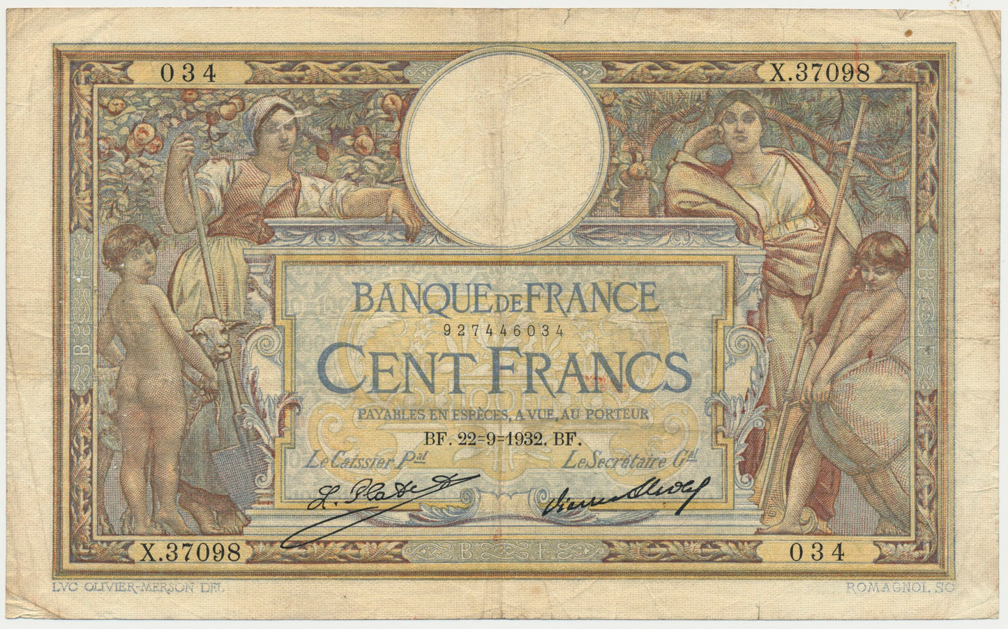 FRANCE P.78b 1932 100Fr Platet, Strohl VF