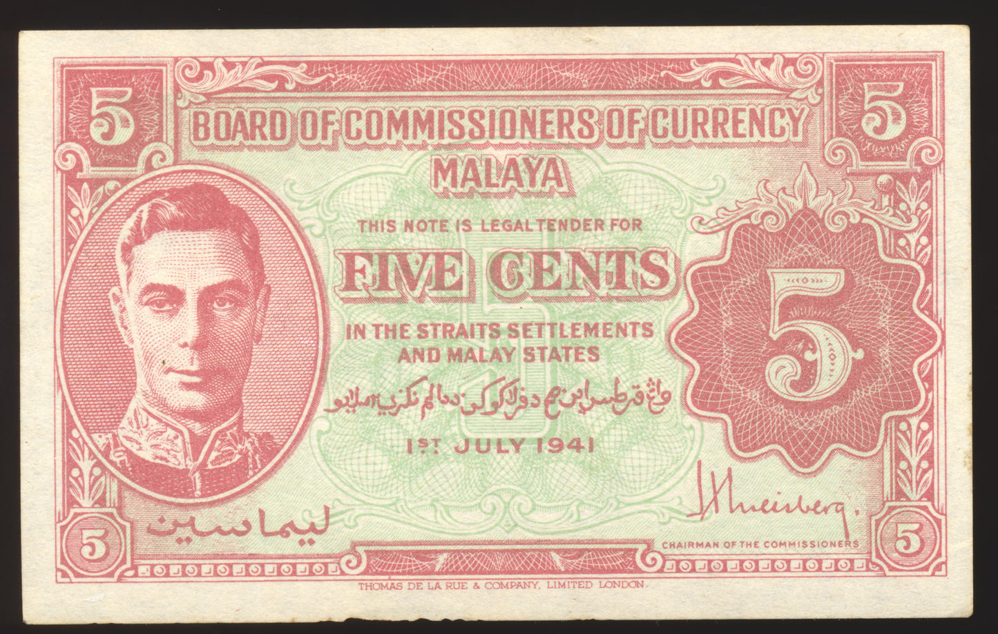 MALAYA P.7b 1941 5 Cents EF