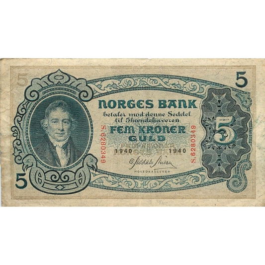 NORWAY P.7c 1940 5 Kroner AVF/VF