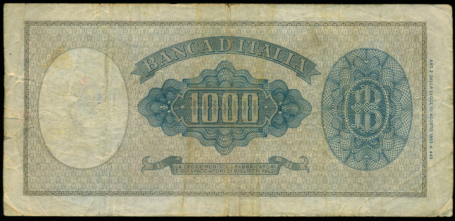 ITALY P.82 1943 1,000 Lire VF B